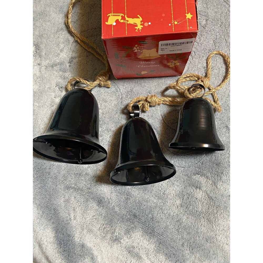 Set of 3 Black Metal Hanging Bells w/ Rope Hangers, Christmas Boxed